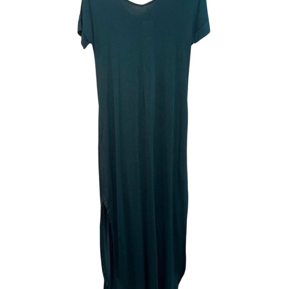 Grecerelle Womens Dark Green Short Sleeve V Neck Maxi Dress with Pockets NWT